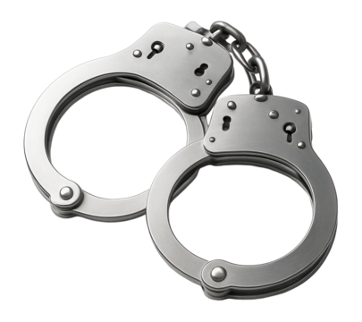 Shiny metal handcuffs with a short chain link connecting them on transparent background.