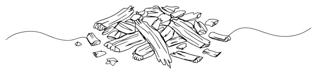 continuous one line drawing of a pile of wood chips or kindling for a fire a natural fuel vector outline sketch illustration