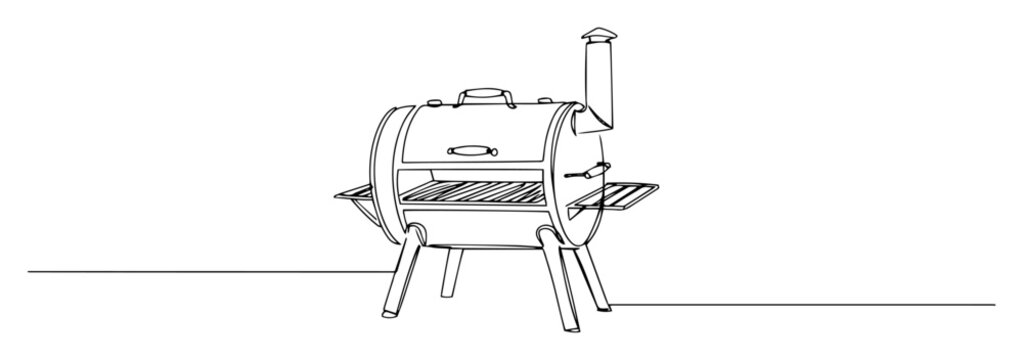Barbecue smoker grill for outdoor cooking. Vector line art icon