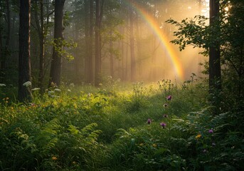 Misty forest rainbow sunrise