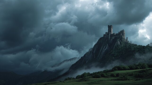 Dramatic medieval castle perched on a mountain peak under stormy skies