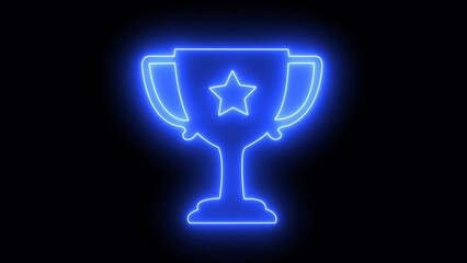 Glowing blue neon trophy shines brightly symbolising victory achievement and success over a black
