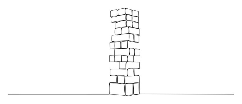 continuous one line drawing of a wobbly tower of wooden blocks a fun board game of balance and strategy like jenga vector toy lineart