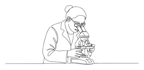 laboratory researcher observing sample under microscope continuous line vector outline monoline