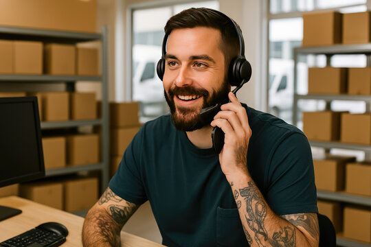 Smiling Support Specialist in Warehouse: A friendly support specialist, adorned with intricate tattoos, provides customer service with a headset in a bustling warehouse filled with parcels and boxes.