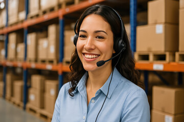 Warehouse Customer Service: A cheerful customer service representative wears a headset, smiling amidst a warehouse setting, boxes filling shelves.