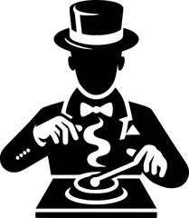 Minimalist black and white magician icon with clean lines. Geometric and modern style, perfect for logos, stickers, or digital use.