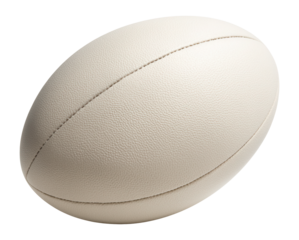 Textured white rugby ball with visible stitching on transparent background.