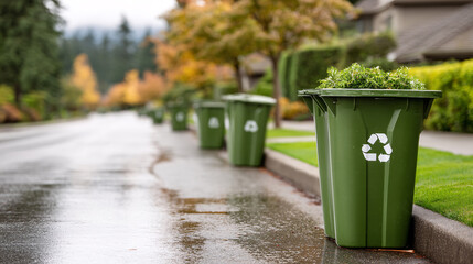 Green Bins on a Rainy Neighborhood Street - Waste Management Initiative