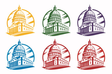 Collection of capitol building icons in various colors