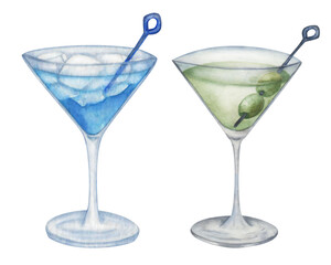 Watercolor illustration. Hand painted cocktails. Blue on the rocks, with ice cubes and green in martini glass with olives. Dirty martini. Dry martini. Blue curacao liqueur, syrup. Isolated clip art
