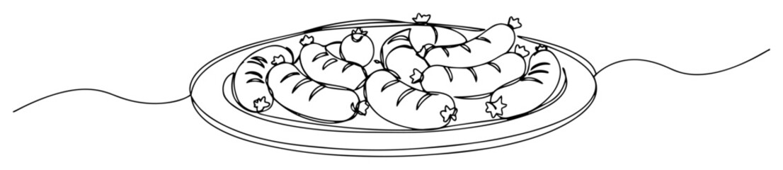hearty plate of grilled bratwurst sausages monoline vector drawing