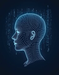 Obraz premium Futuristic concept of artificial intelligence with a glowing blue wireframe head profile against a digital code background.