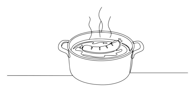 sausage boiling in pot of water one continuous line drawing - Powered by Adobe