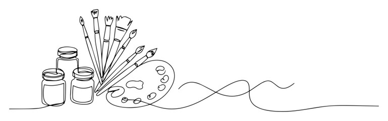 Artist Brushes, Paint Jars and Palette &ndash; Continuous Line Vector Illustration