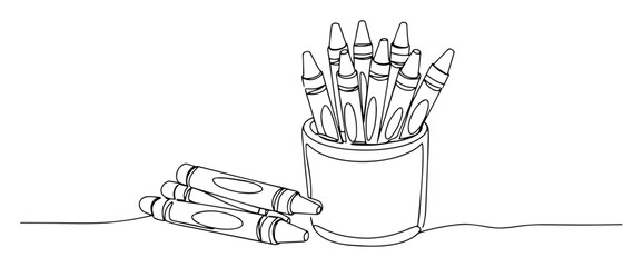 Cup of Crayons – Continuous Line Vector Drawing for Kids Art Supplies