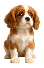 Adorable brown and white Cavalier King Charles Spaniel puppy sitting and looking forward on transparent background.