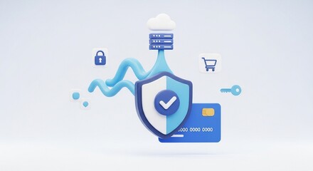 Secure digital cloud server protecting online transactions, symbolizing data protection, security, and secure e-commerce on a clean background.