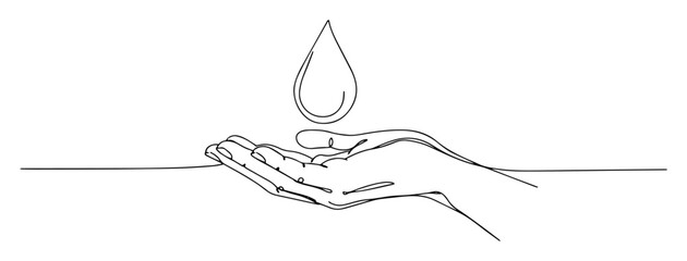 saving water concept with a hand catching a single pure drop a continuous line drawing symbol for ecology and charity