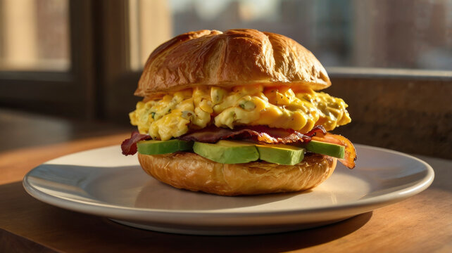 Delicious breakfast sandwich with fluffy scrambled eggs, crispy bacon, and fresh avocado layered between a buttery croissant. Perfect for a morning meal in an inviting cafe atmosphere