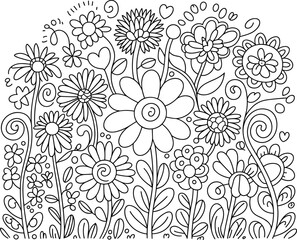 Cute floral doodle illustration, whimsical flower coloring page, hand drawn spring garden art, black and white botanical line drawing