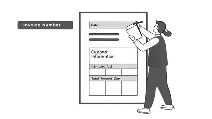 Woman filling out a form with date customer information itemized list and total amount due on a large document