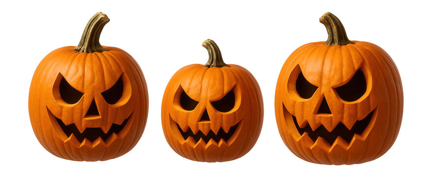 Three carved Halloween pumpkins with sinister expressions showcasing their jack-o'-lantern faces on transparent background.