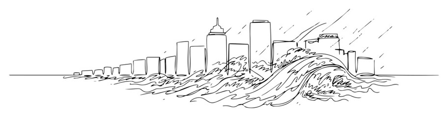 tsunami wave hitting city natural disaster continuous line drawing