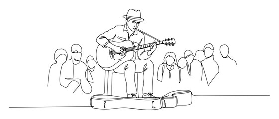 street musician playing guitar for audience continuous line drawing