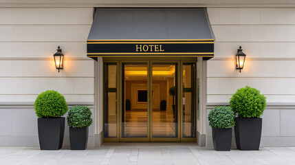 Elegant Hotel Entrance, Urban Architecture, Luxurious Ambiance, Modern Design, Welcoming Facade