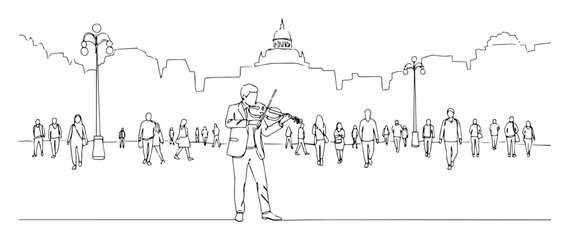 Naklejka premium violinist playing violin in city square continuous line drawing
