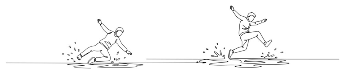 man slipping on wet floor continuous line drawing