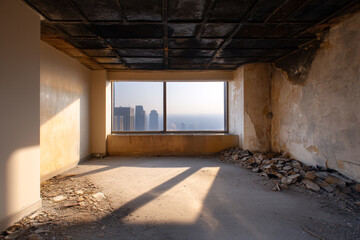 Abandoned Urban Space, Interior Design, High-Rise, Photograph, Empty Room, Sunrise, Modern Ruins