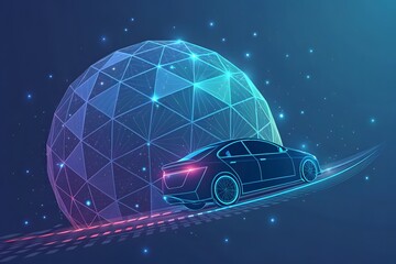 Autonomous Vehicle Navigating Futuristic Cybernetic Sphere Background
