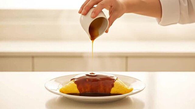 Omurice omelet food video with sauce poured by the chef, Japanese food, eggs,