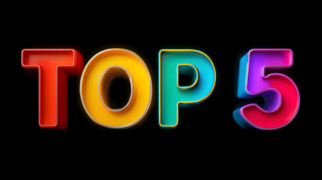 Colorful 3d rendered text top 5 against a black background