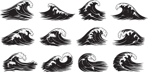 Collection of black sea wave silhouette designs. Includes curved, crashing, and rolling wave forms. Ideal for ocean, beach, or water-themed projects. Available in vector and transparent PNG formats.