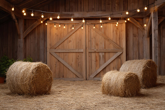 Rustic Barn Event Setup with Straw Bales and String Lights in a Country Setting