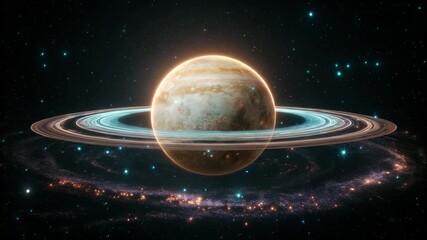 A planet with rings surrounded by stars in the dark space - Powered by Adobe