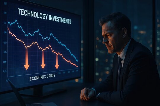Man in suit looking at screen displaying declining technology investments indicating economic crisis.
