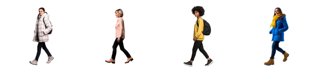 Fashionable individuals walking in diverse outerwear styles