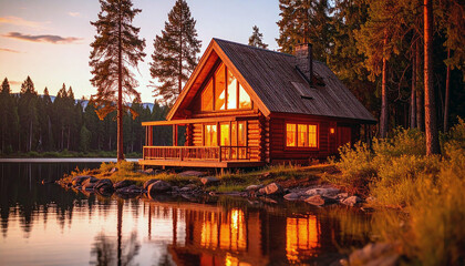 Fototapeta premium Wooden house with warm light glowing from the windows. Evening Sunlight Atmosphere. 