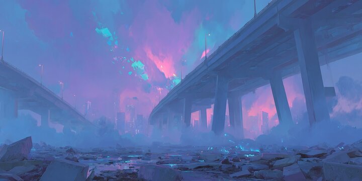 Sottostruttura urbana polverosa sotto un cavalcavia in un paesaggio futuristico