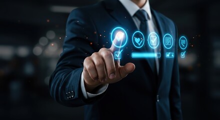 Businessman interacting with futuristic digital interface displaying user profiles and progress bar for concept of digital transformation