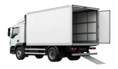 White cargo truck with open rear door and extended ramp for loading and unloading items on transparent background.