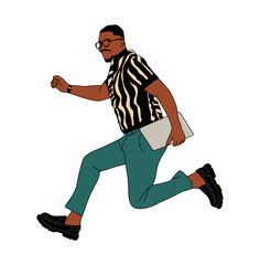 Flat vector illustration of a stylish man in motion, jumping or running with a laptop under his arm. Modern urban character in trendy clothes, symbolizing urgency, tech, or productivity.