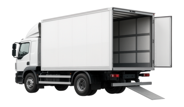 White cargo truck with open rear door and extended ramp for loading and unloading items on transparent background.