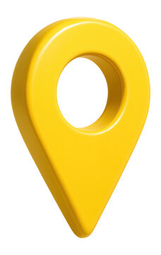 Bright yellow map location pin icon with a smooth surface and circular opening on transparent background.