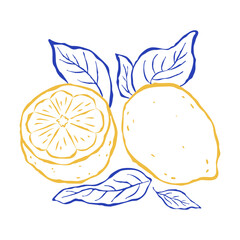Flat vector illustration with a whole lemon, cut a half of lemon and several leaves in italian sketch style. Yellow and blue colors. Freehand line art template. Citrus tropical fruits.