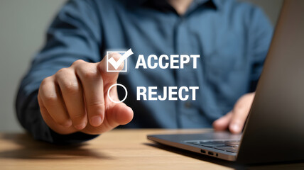 Decisive entrepreneur's finger selects ACCEPT option on digital screen, symbolizing critical business choice and approval near laptop